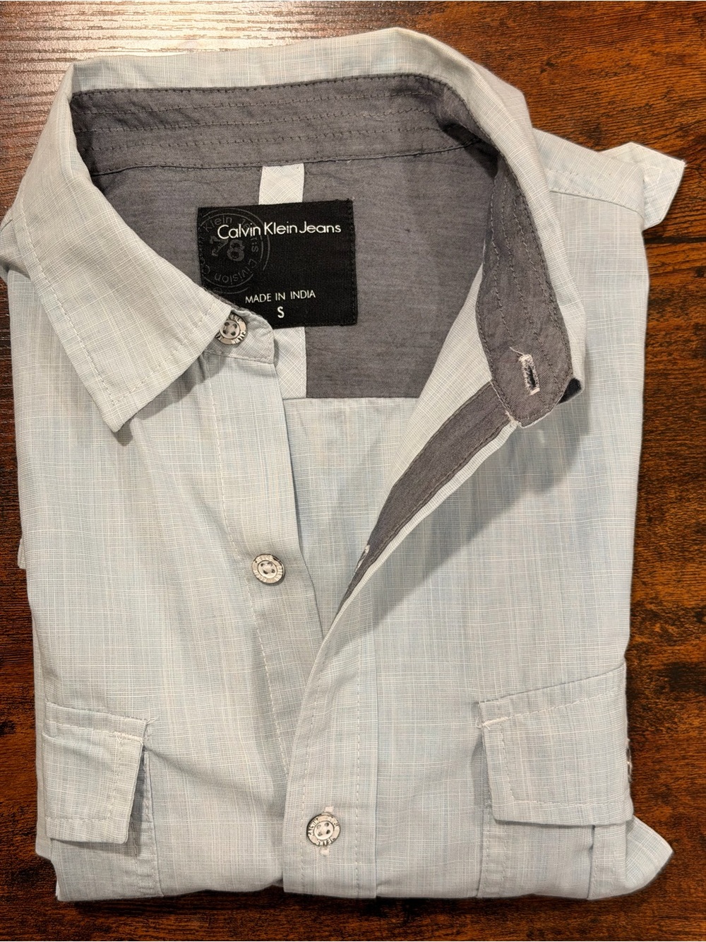 Calvin Klein Jeans Men's Pale Blue Button-Down Shirt with Contrast Trim